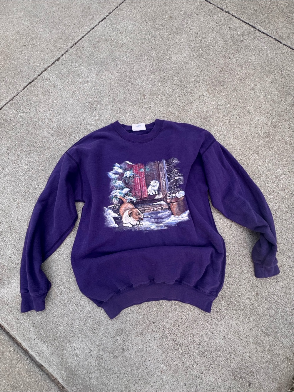 90’s Purple Crewneck Sweatshirt with Winter Dog Scene